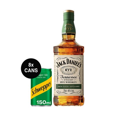 Jack Daniels Tennessee Rye Whiskey 70cl and 8 Cans Of Ginger Ale